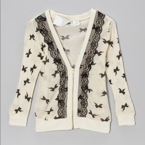 Spoiled Ivory Bow Print Lace Trim Zip-Up Cardigan
